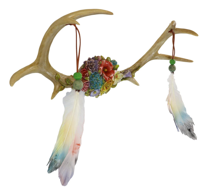 Rustic 8 Point Stag Deer Antlers Flowers And Feathers Rack Wall Hooks Plaque