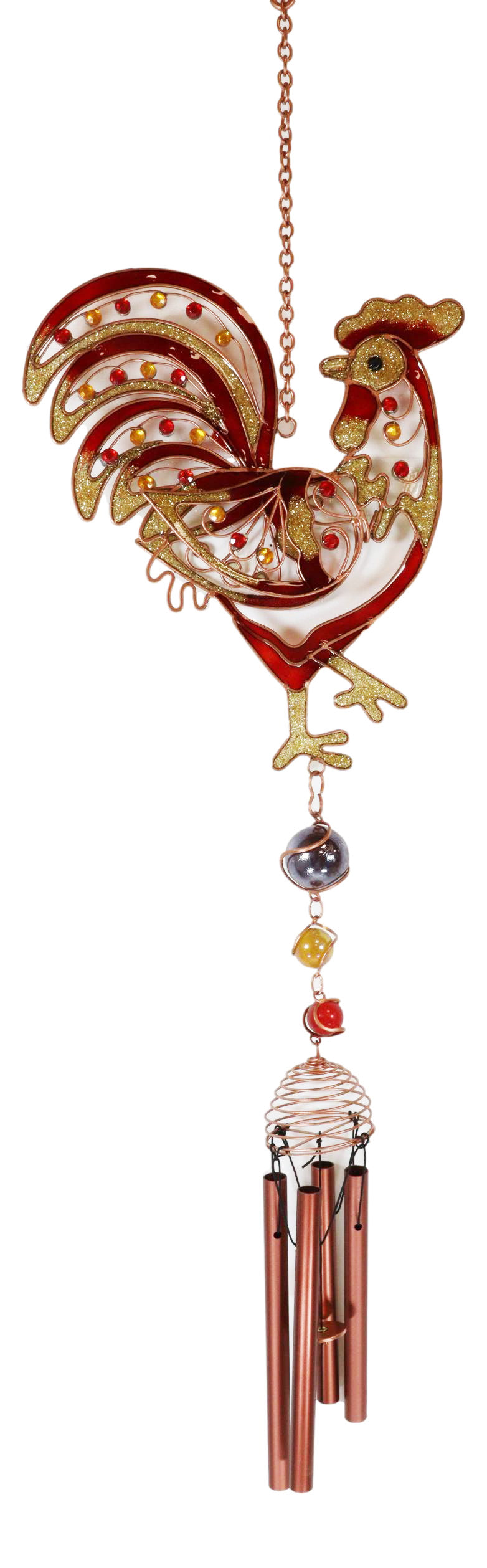 Copper Rooster Wind Chime Resonant Relaxing Garden Patio Decor Colorful Gems