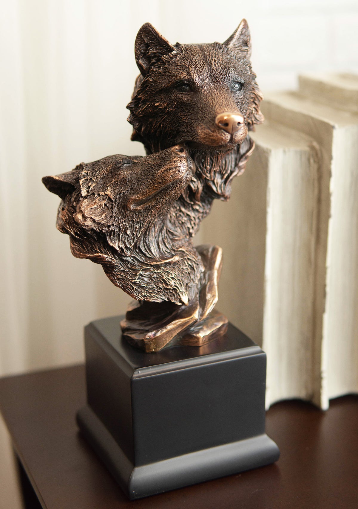 Ebros Forest Moonlight Lovers 2 Wolves Bust Bronze Electroplated Resin Statue - Ebros Gift