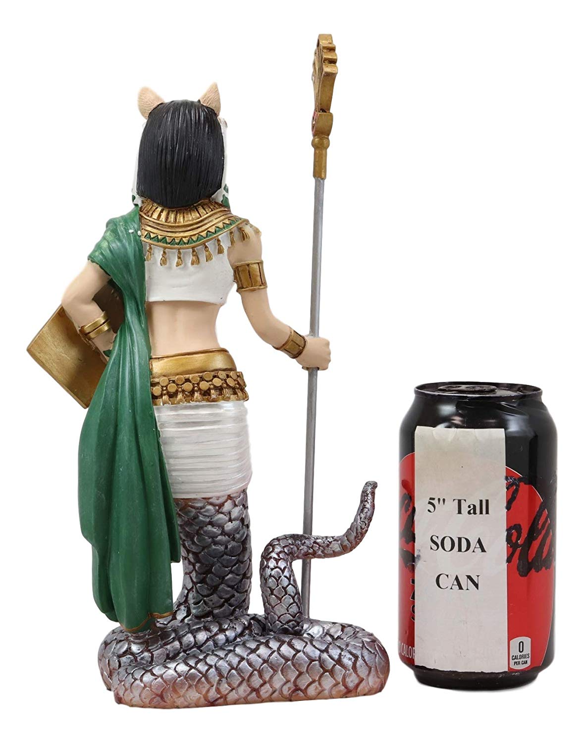 Ebros 11" Tall Colorful Egyptian Feline Goddess Bastet Cat with Slain Snake Apep Tail Holding Spear & Shield Statue 11" H Ubasti Bast Figurine - Ebros Gift