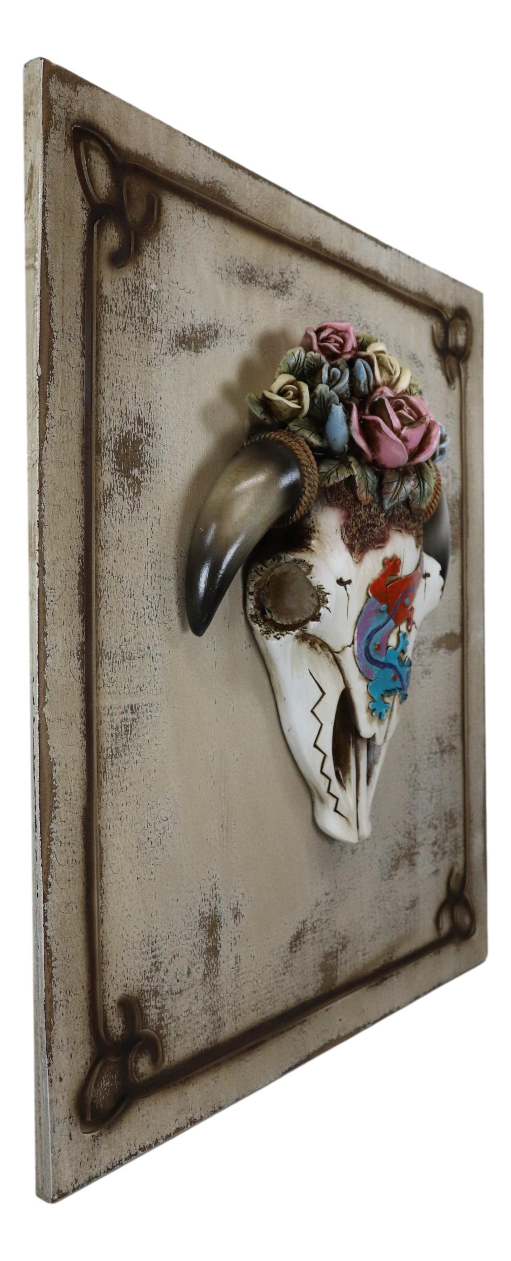 Rustic Western Lizard Gecko Cow Skull With Colorful Roses Wall Decor Plaque