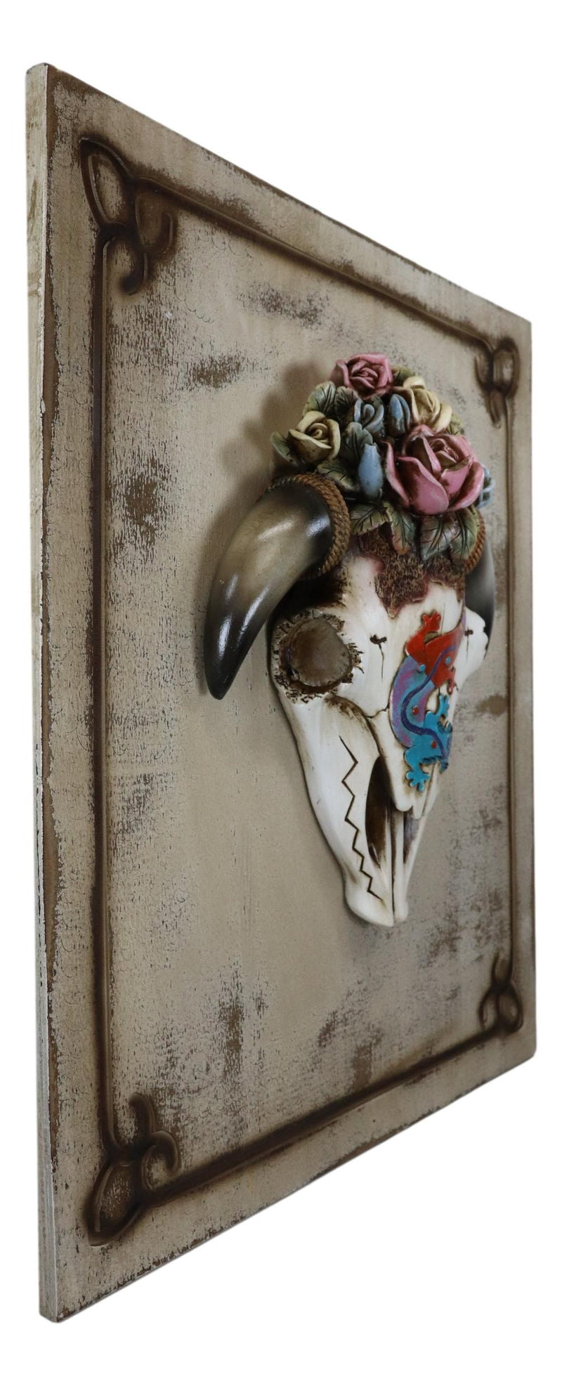 Rustic Western Lizard Gecko Cow Skull With Colorful Roses Wall Decor Plaque