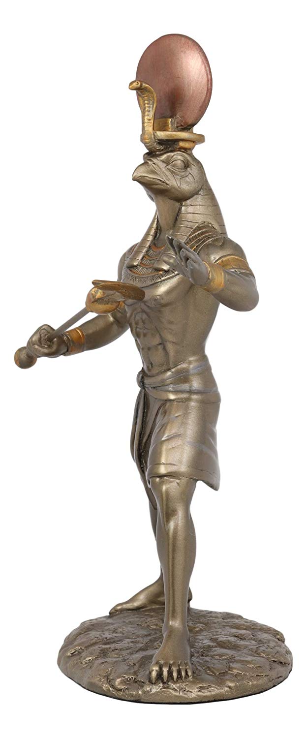 Ebros Egyptian Mythology God Horus Ra with Sun and Uraeus Disc Statue in Faux Bronze Resin Gods of Egypt Deity of War & Sky Falcon Heru Figurine 11" Tall Home Decor Sculpture - Ebros Gift