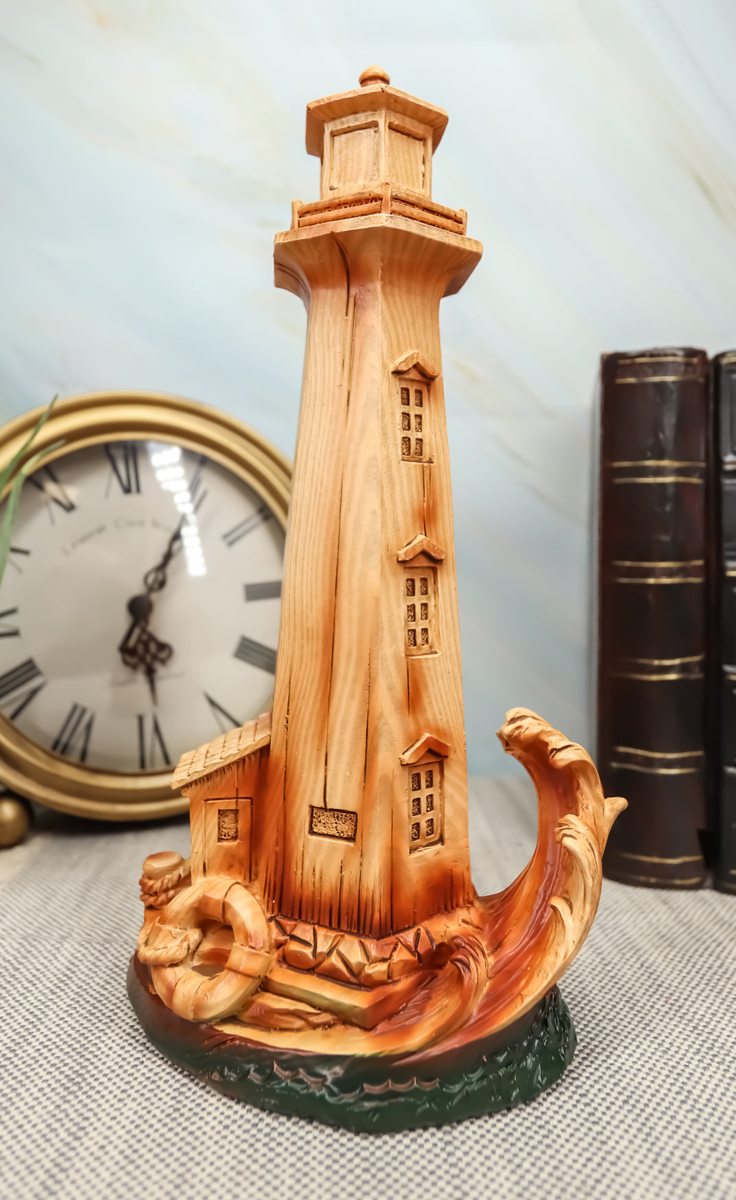 Ebros 9"H Nautical Lighthouse With Life Ring Buoy And Crashing Ocean Wave Statue
