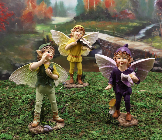 Ebros Set of 3 Fairy Garden Boy Fairies in Morning Violin Serenade Figurines 4"H - Ebros Gift