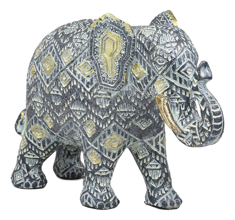 Ebros Feng Shui Silver and Gold Patterned Elephant with Trunk Up Statue 10.5" Long Vastu 3D Zen Elephants Figurine Symbol of Wisdom Fortune Success and Protection - Ebros Gift