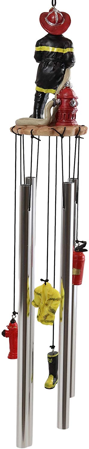 In Line of Duty Fireman With Fire Hose By Red Hydrant Wind Chime Garden Decor - Ebros Gift