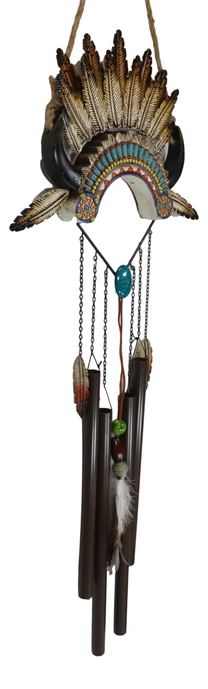 Southwest Boho Chic Indian Chief Headdress Feathers Turquoise Rocks Wind Chime