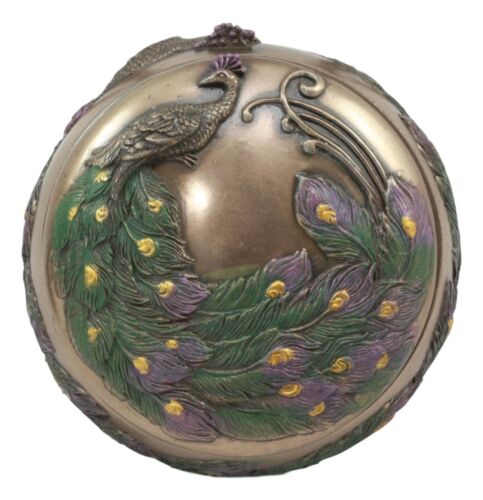 Art Nouveau Beautiful Iridescent Tailed Peacock Round Jewelry Box - Ebros Gift