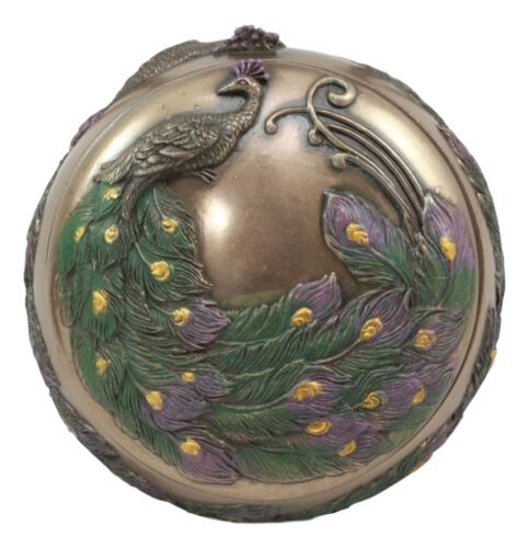 Art Nouveau Beautiful Iridescent Tailed Peacock Round Jewelry Box