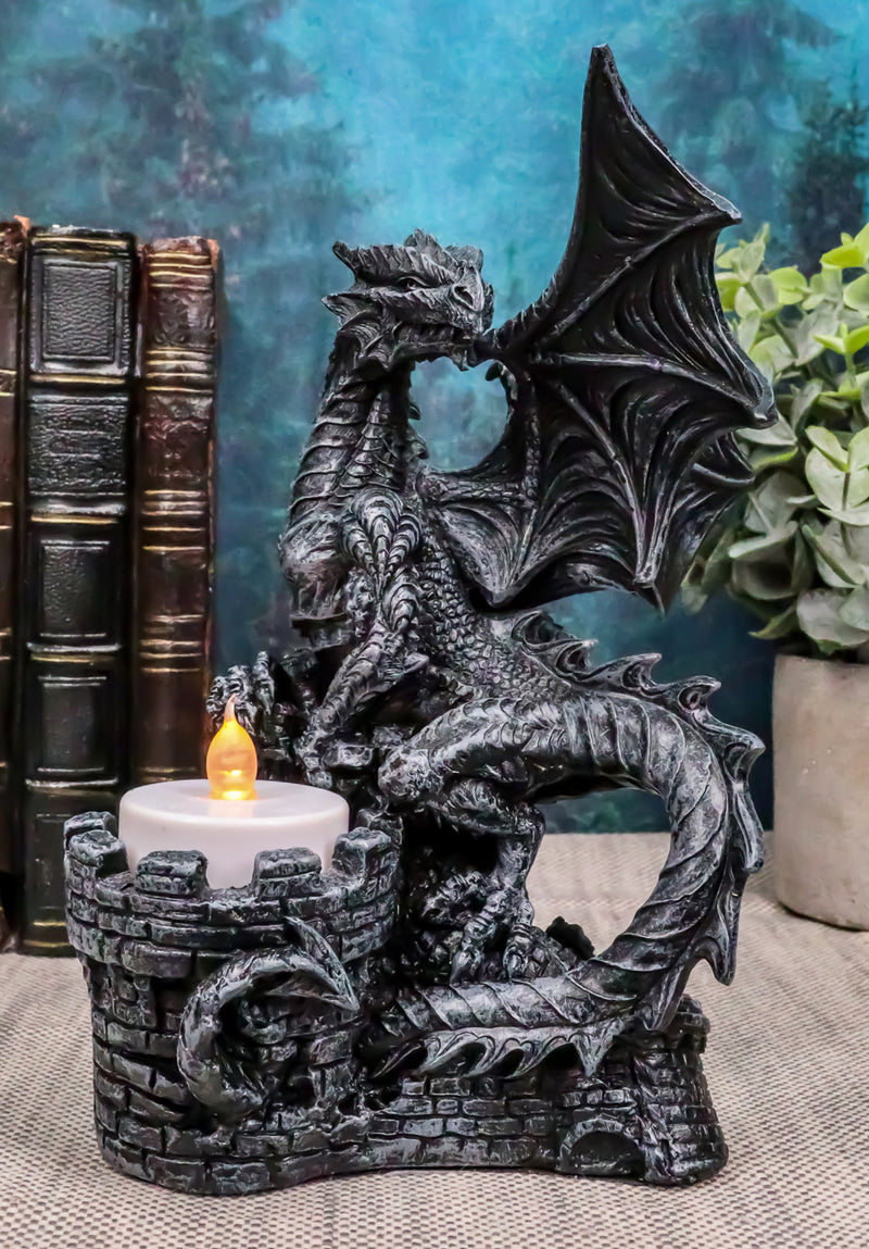 Ebros Fire Dragon Perching On Castle Fortress Turret Tea Light Candle Holder Statue 7"Tall Fantasy Faux Stone Gothic Dungeons And Dragons Candleholder Decor Medieval Renaissance Age of Kings Sculpture