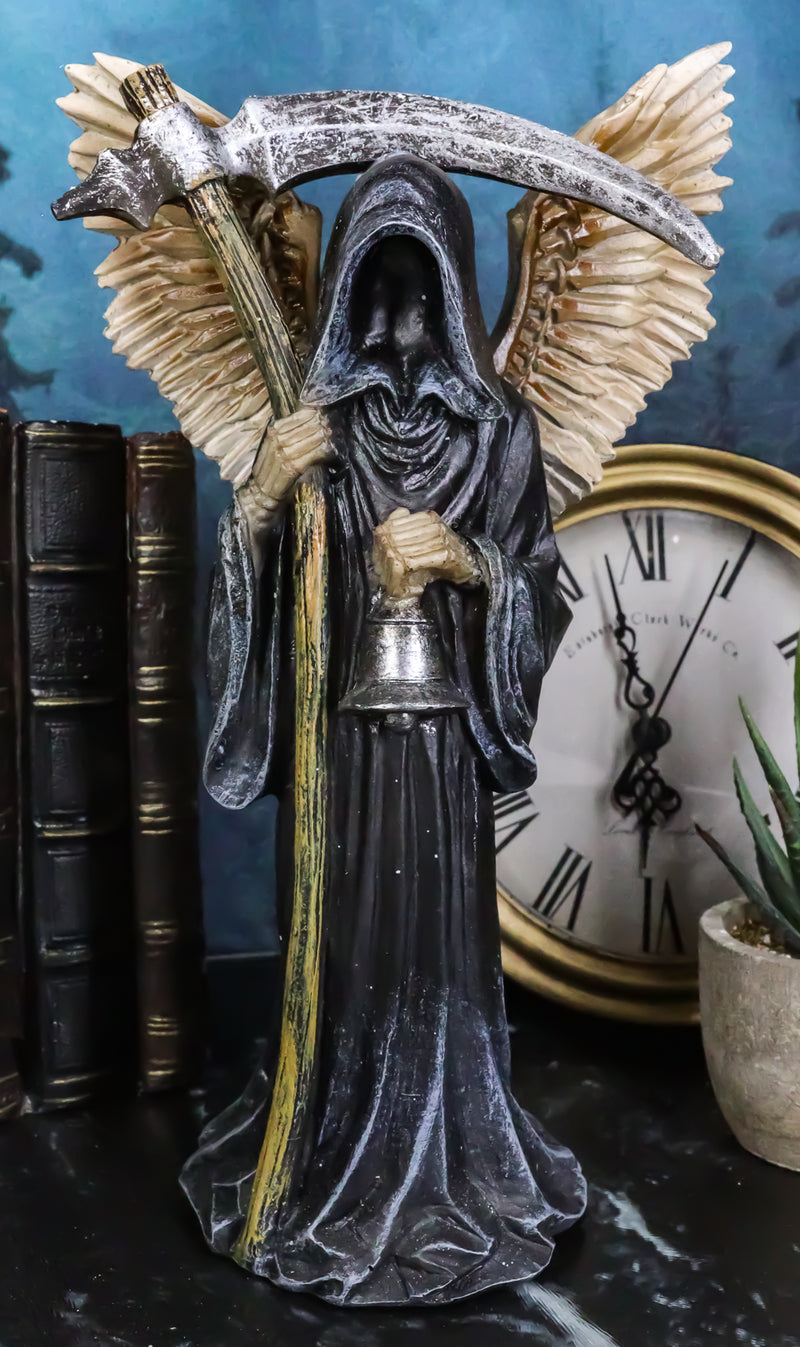Winged Death Angel Grim Reaper with Scythe And Silver Toll Bell Figurine