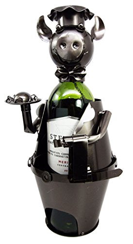 Ebros Gift Waiter Pig Hand Made Metal Wine Bottle Holder Caddy Decor Figurine - Ebros Gift