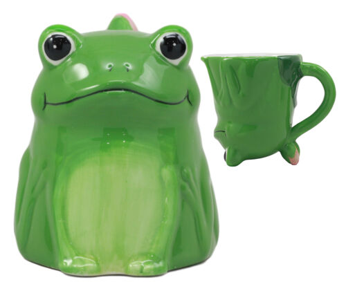 Topsy Turvy Ceramic Green Frog With Water Lily Handle Coffee Mug Drink Cup 11oz