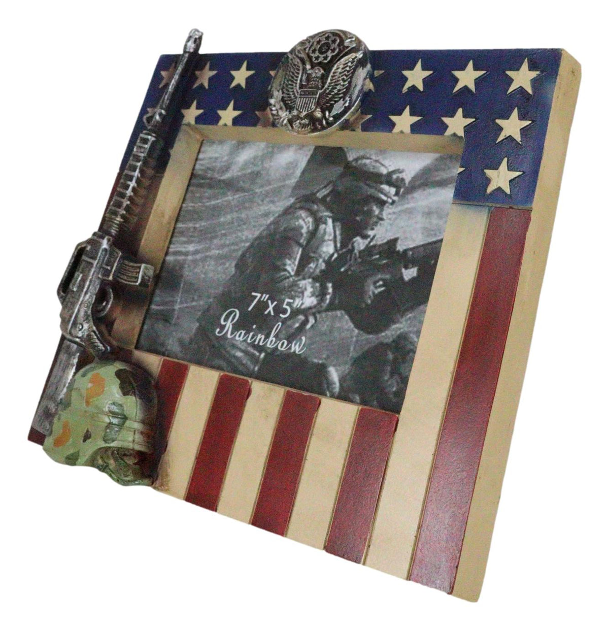 Patriotic American US Flag Army Rifle Helmet Soldier Memorial 5x7 Picture Frame