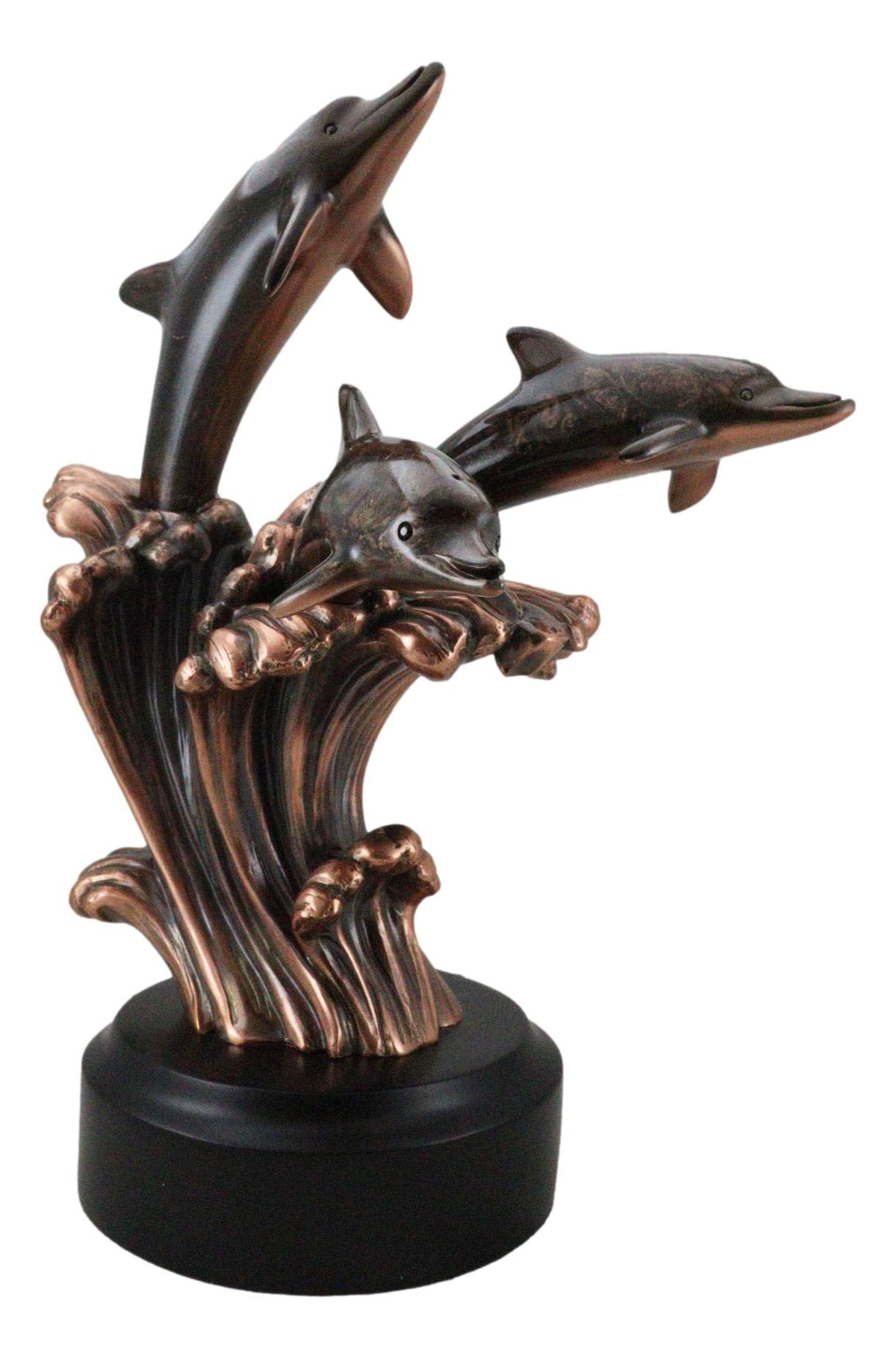 Bronze Electroplated Three Bottlenose Dolphins Riding Over Ocean Waves Statue