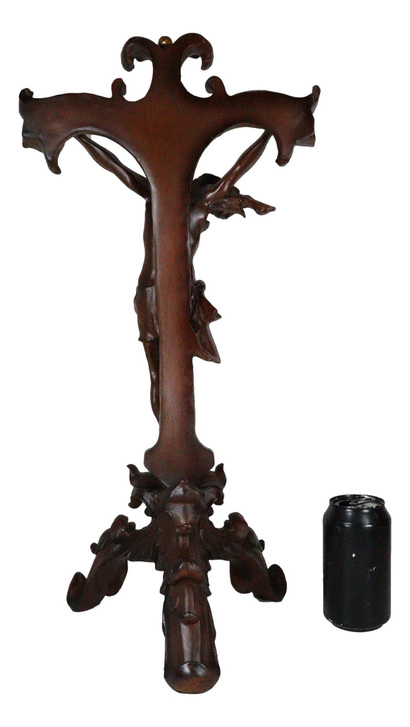 Faux Mahogany Wood Finish Large Jesus Christ Crucifix With Stand Statue 23"Tall