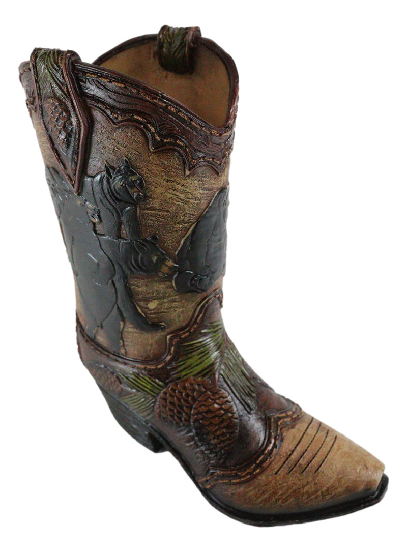 Western Black Bear Family With Pine Cones Cowboy Cowgirl Boot Vase Figurine