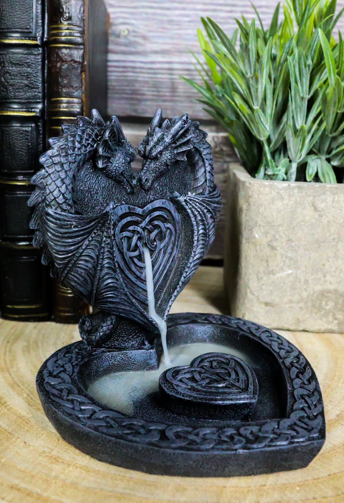 Romantic Double Dragon Heart With Celtic Knotwork Backflow Cone Incense Holder