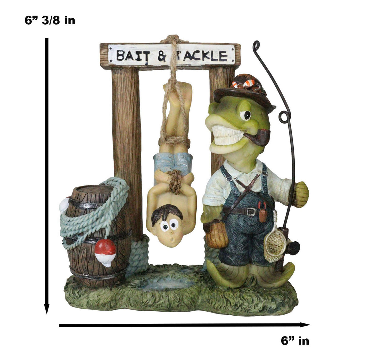 Bait And Tackle Wharf Sea Bass Fish With Fishing Pole Tied Up Fisherman Figurine - Ebros Gift
