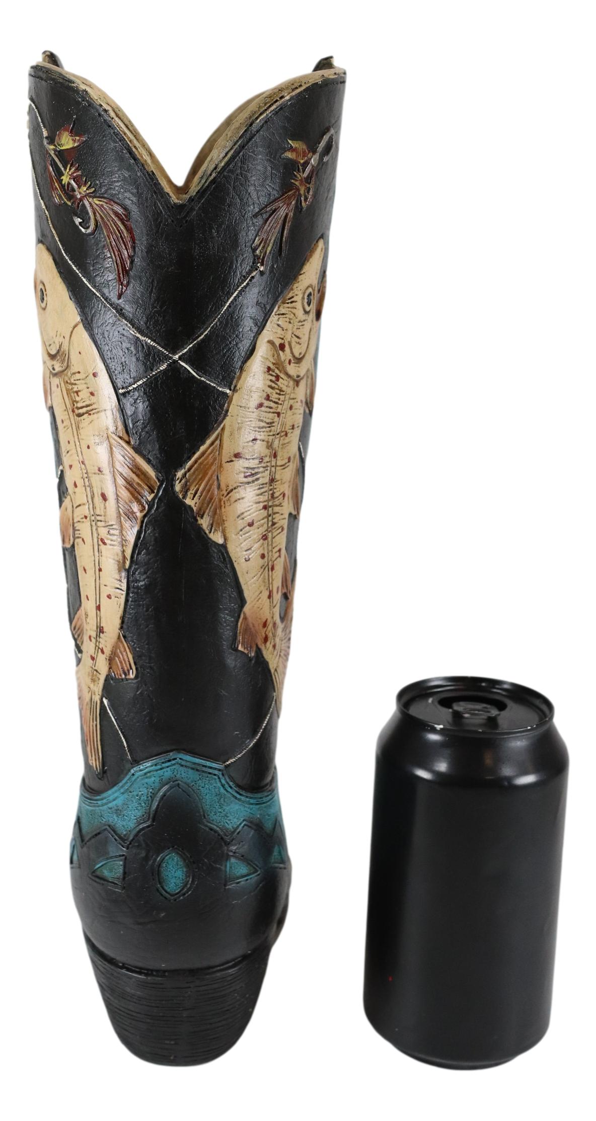Western Fishing Angler Bass Fishes Cowboy Cowgirl Boot Vase Planter Figurine - Ebros Gift