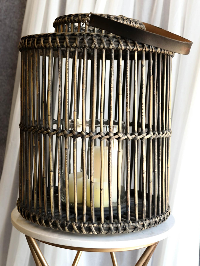 20"H Rustic Western Farmhouse Dark Rattan Wood Candle Holder Lantern With Hanger