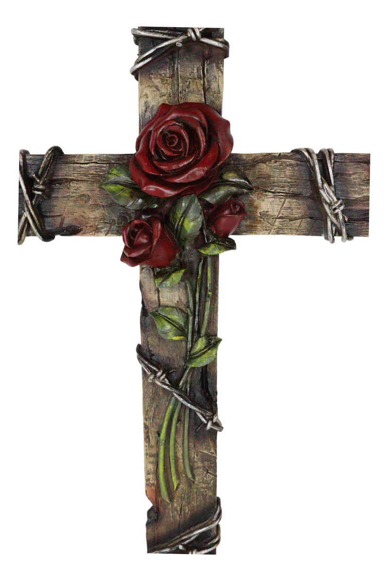 Rustic Western Faux Wooden Valentine Love Red Roses With Barbed Wires Wall Cross