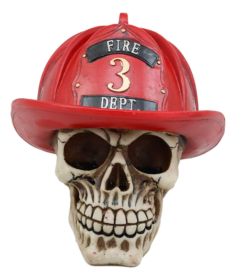 Realistic Fireman Skull With Number 3 Fire Department Hat Helmet Figurine 7"Long