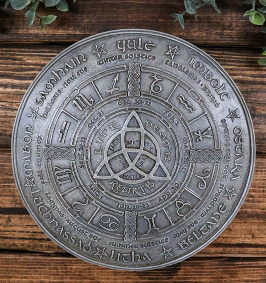 Celtic Trinity Triquetra Knot With Wicca Symbols Wheel of The Year Wall Plaque - Ebros Gift