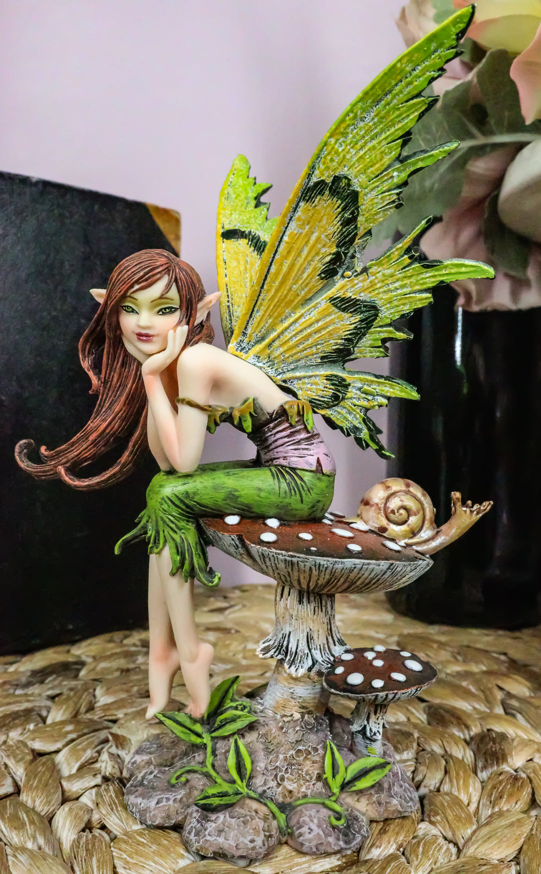 Ebros Amy Brown Thinking Of You Fairy Sitting On Wild Giant Mushroom Statue - Ebros Gift