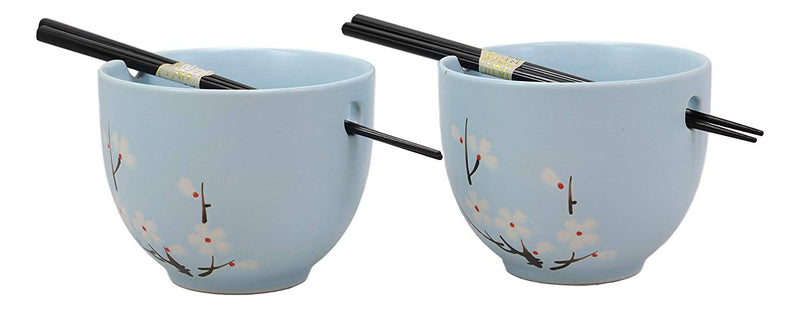 Ebros Ceramic Japanese Sakura Ramen Udong Noodles Bowls and Chopsticks Set of 2