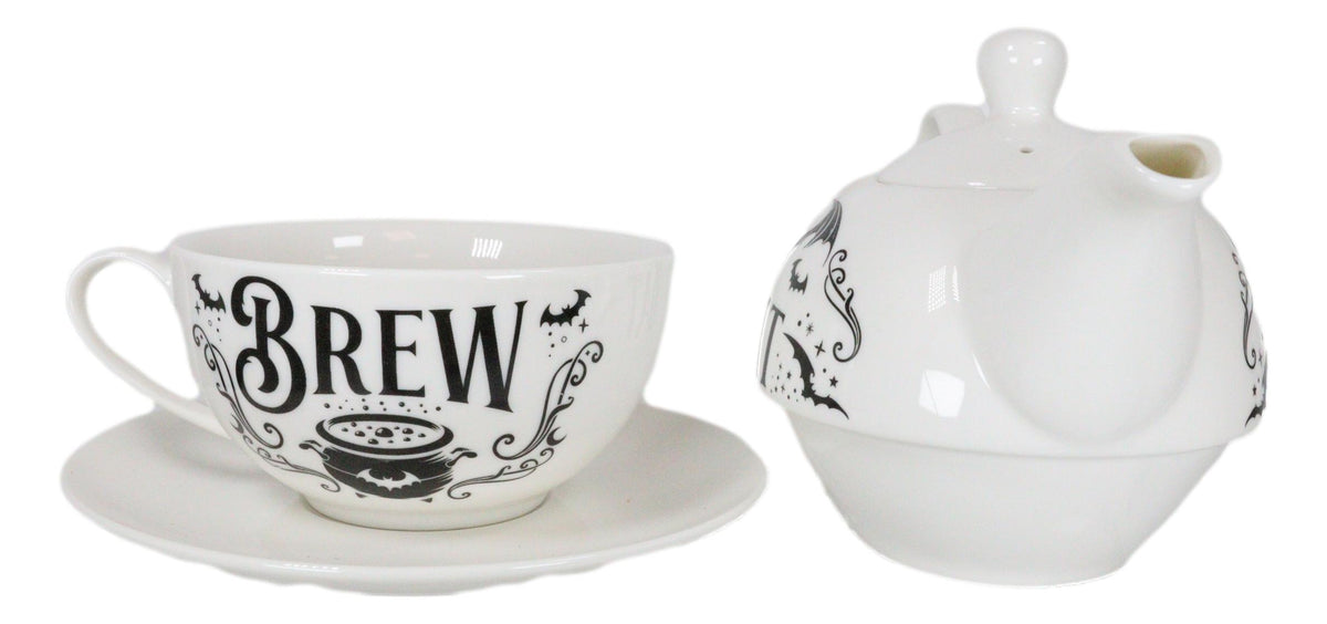 Porcelain Bat Brew Magic Cauldron Stackable Tea Pot And Cup With Saucer Set Of 3