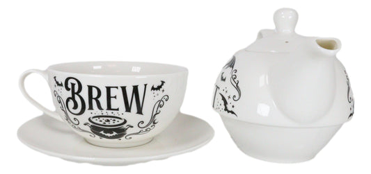 Porcelain Bat Brew Magic Cauldron Stackable Tea Pot And Cup With Saucer Set Of 3