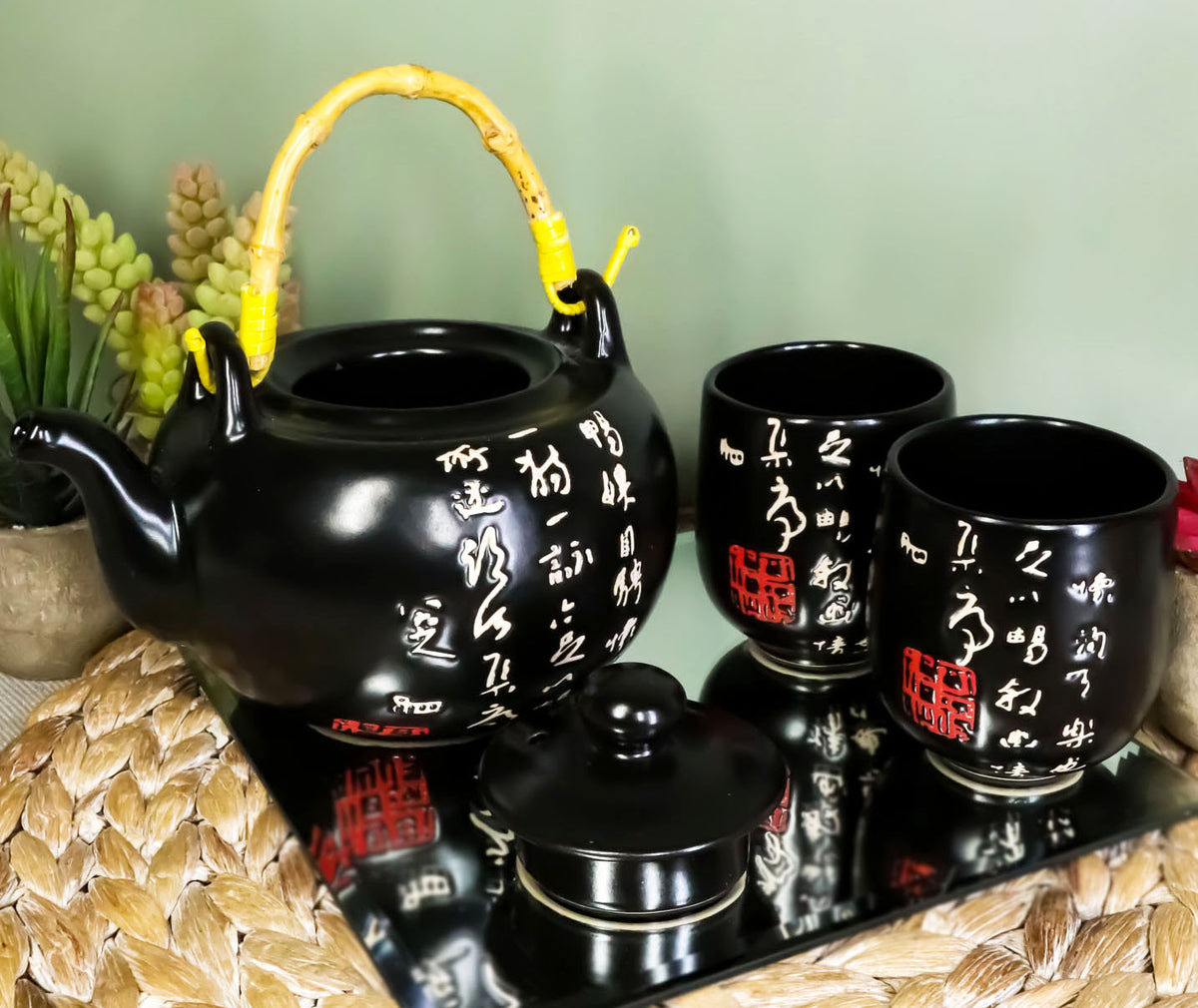 Ebros Chinese Calligraphy Black Glazed Porcelain 27oz Tea Pot With 4 Cups Set Teapot