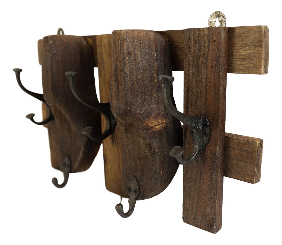 21" Long Rustic Antique Shoe Molds Horizontal Wood Rack Wall Plaque Coat Hooks