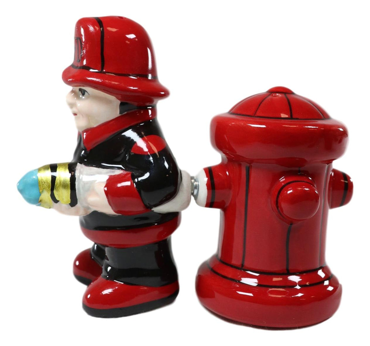 Ebros Fireman Fighter W/ Hose By Red Fire Hydrant Ceramic Salt & Pepper Shakers - Ebros Gift