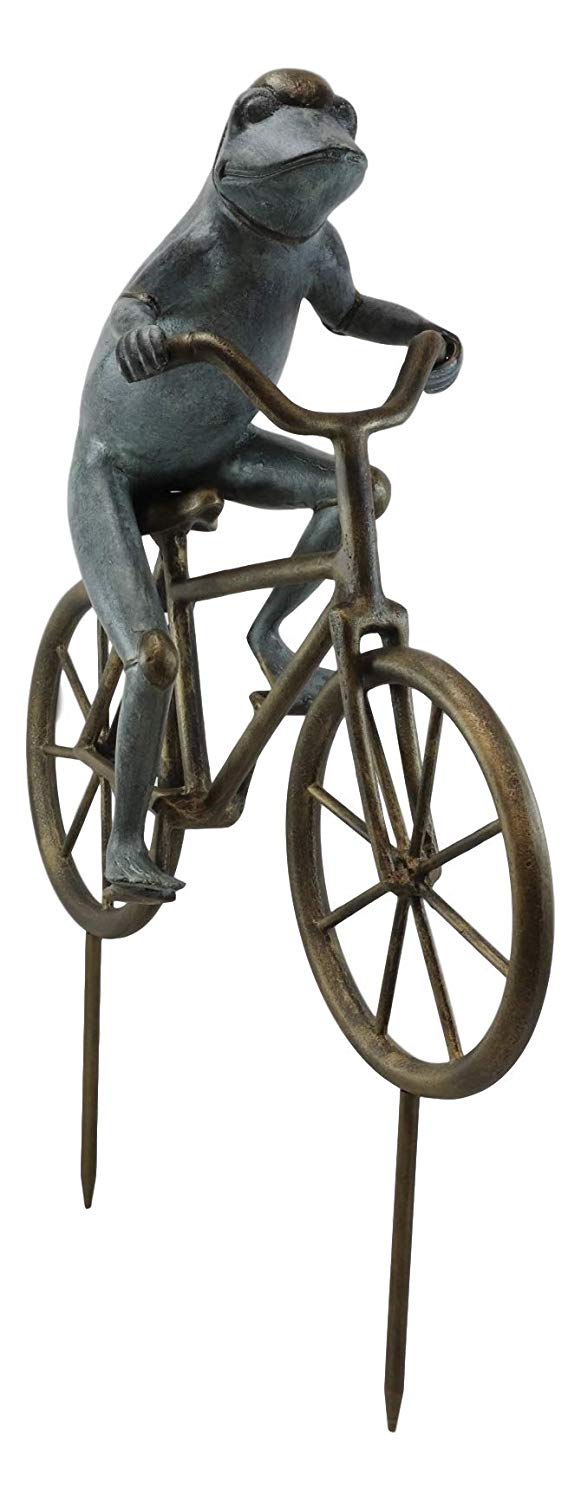 Ebros Gift 26.75" Tall Aluminum Metal Whimsical The Expedition Bicycling Frog with Helmet Garden Stake Statue Frogs Patio Pool Pond Lawn Yard Decorative Sculpture Feng Shui Zen Accent - Ebros Gift