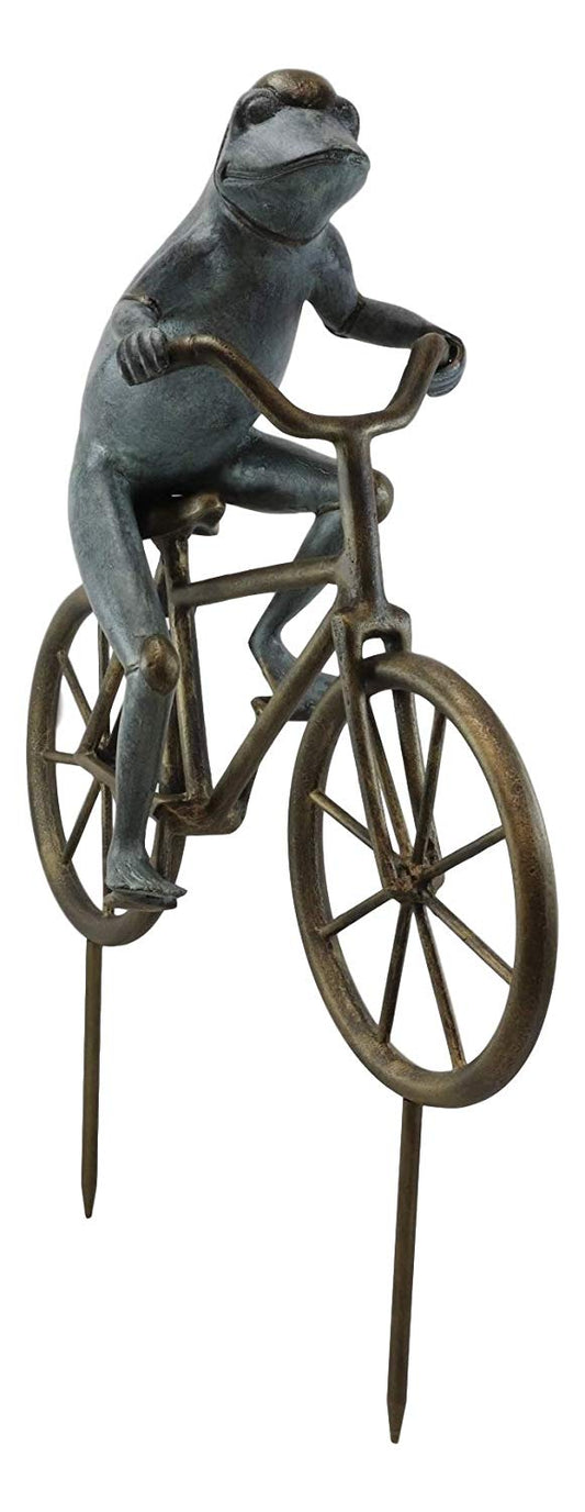 Ebros Gift 26.75" Tall Aluminum Metal Whimsical The Expedition Bicycling Frog with Helmet Garden Stake Statue Frogs Patio Pool Pond Lawn Yard Decorative Sculpture Feng Shui Zen Accent - Ebros Gift