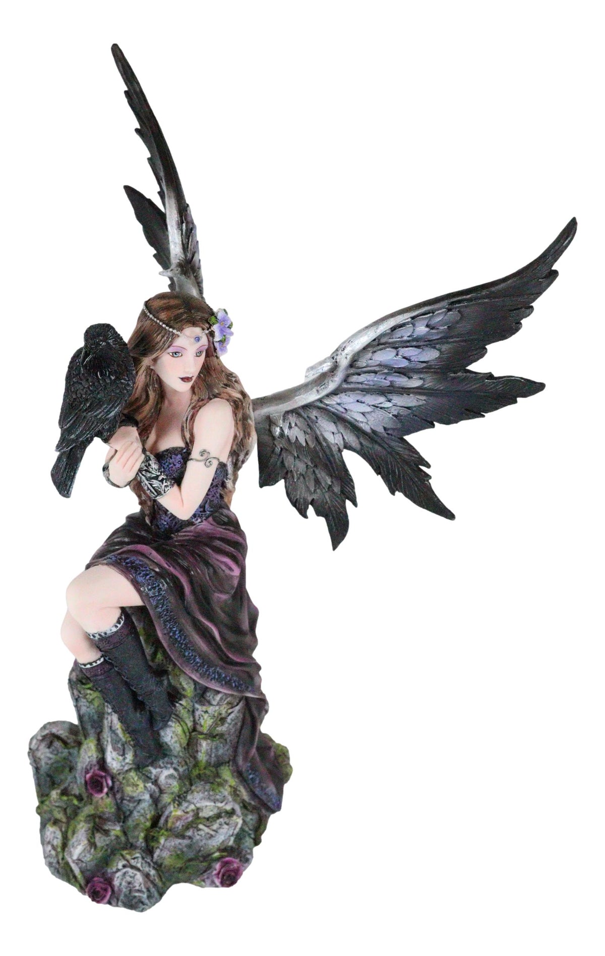 Necromancy Gothic Black Fairy With Raven Crow Sitting On Rock Figurine 15.25"H