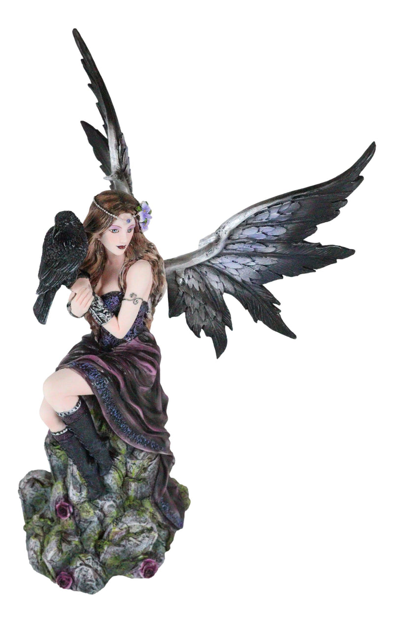Necromancy Gothic Black Fairy With Raven Crow Sitting On Rock Figurine 15.25"H