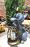 Whimsical Cat With Bird Holding Cage Lantern Candleholder Garden Statue 14.25"H