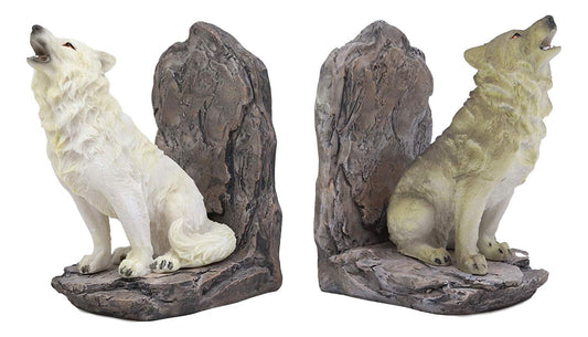 Ebros Animal Totem Spirit Howling Gray And Snow Wolves Decorative Small Bookends Figurine Set 5.5"Tall As Timberwolf or Wolf Decor For Library Book Shelves Fantasy Sculptures - Ebros Gift