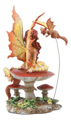 Amy Brown Pretty Summer Fairy On Toadstool Mushroom With Fox Pixie Fairy Statue