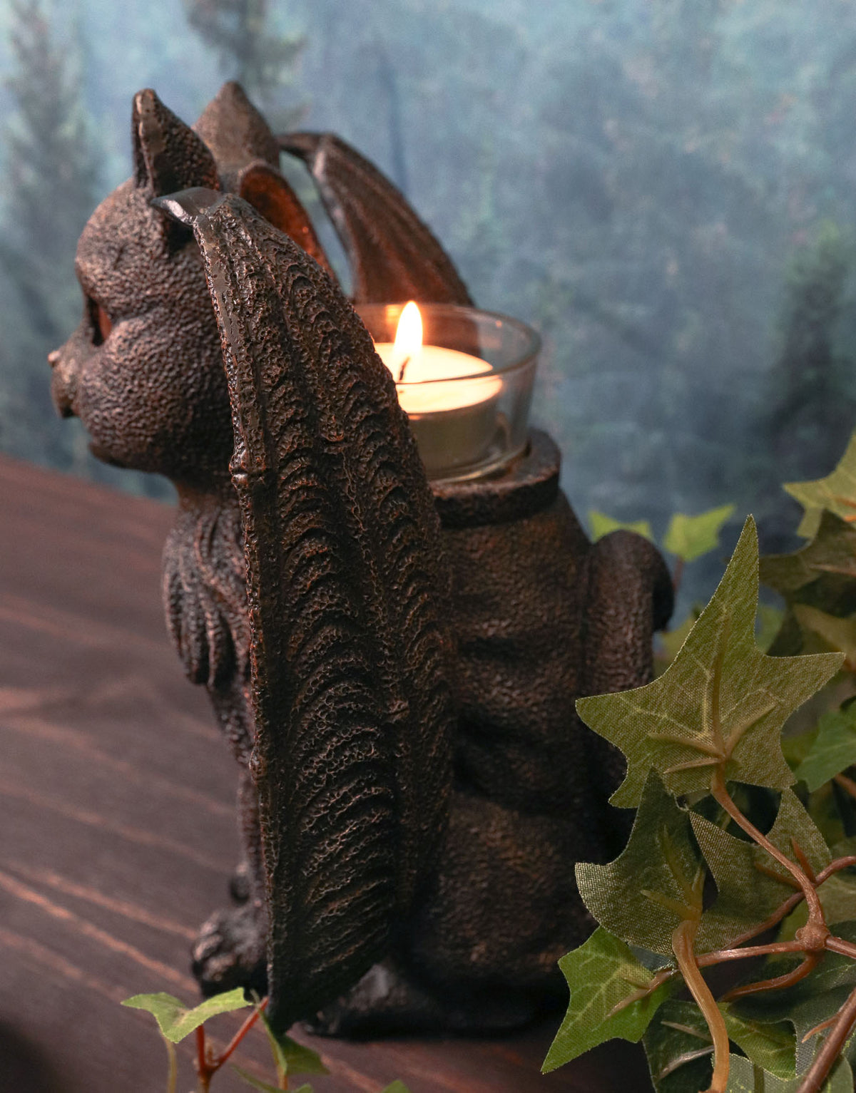 Ebros Winged Cat Gargoyle With Vampire Fangs Glowing Eyes Candle Holder Statue
