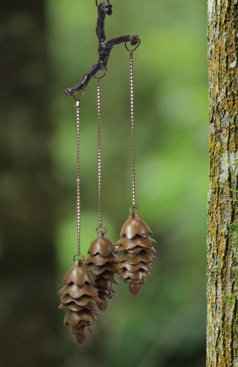 Ebros Gift Rustic Woodlands Cast Iron Triple Pine Cones Hanging from Twigs Resonant Wind Chime 27.5" High Pinecone Hanging Ornaments Garden Patio Western Cabin Lodge Mountain Home Accent