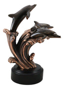 Bronze Electroplated Three Bottlenose Dolphins Riding Over Ocean Waves Statue