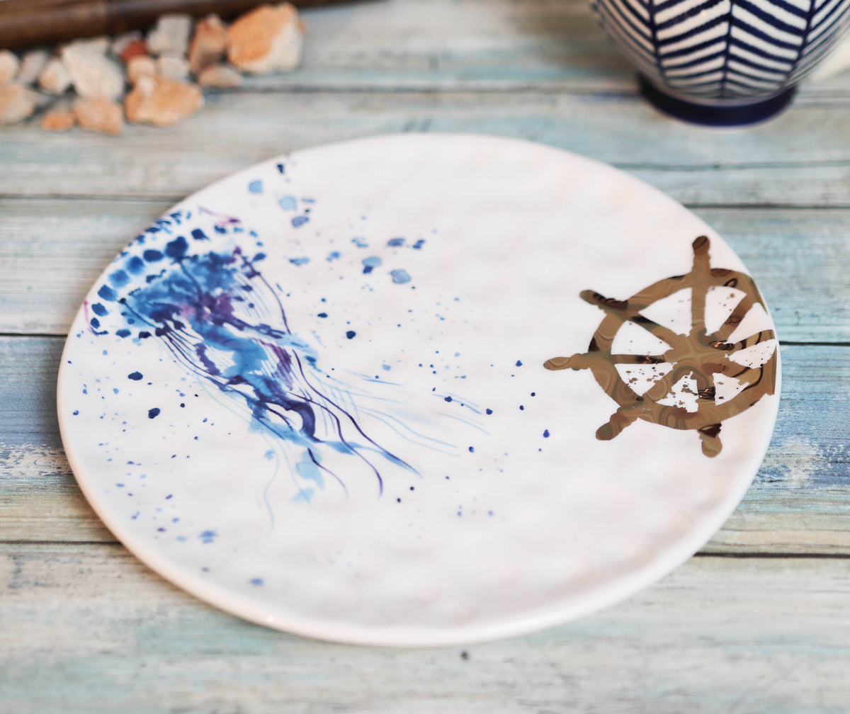 Nautical Marine Ocean Jellyfish Ship Helm Ceramic Round Dinner Plates Pack Of 2