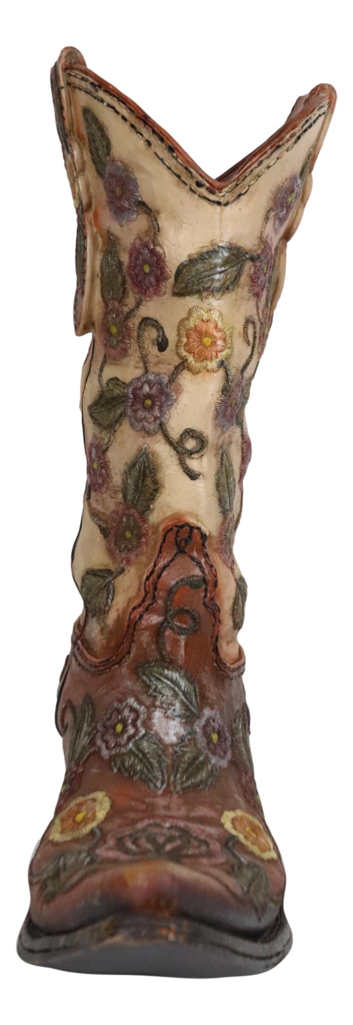 Western Country Arizona Floral Vines Brown Cowgirl Cowboy Boot Vase Figurine