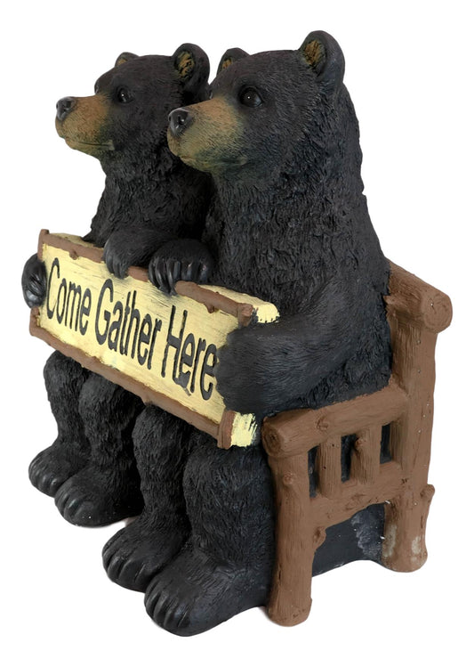 Large 21"L Rustic Forest Twin Black Bears On Park Bench Holding Sign Statue