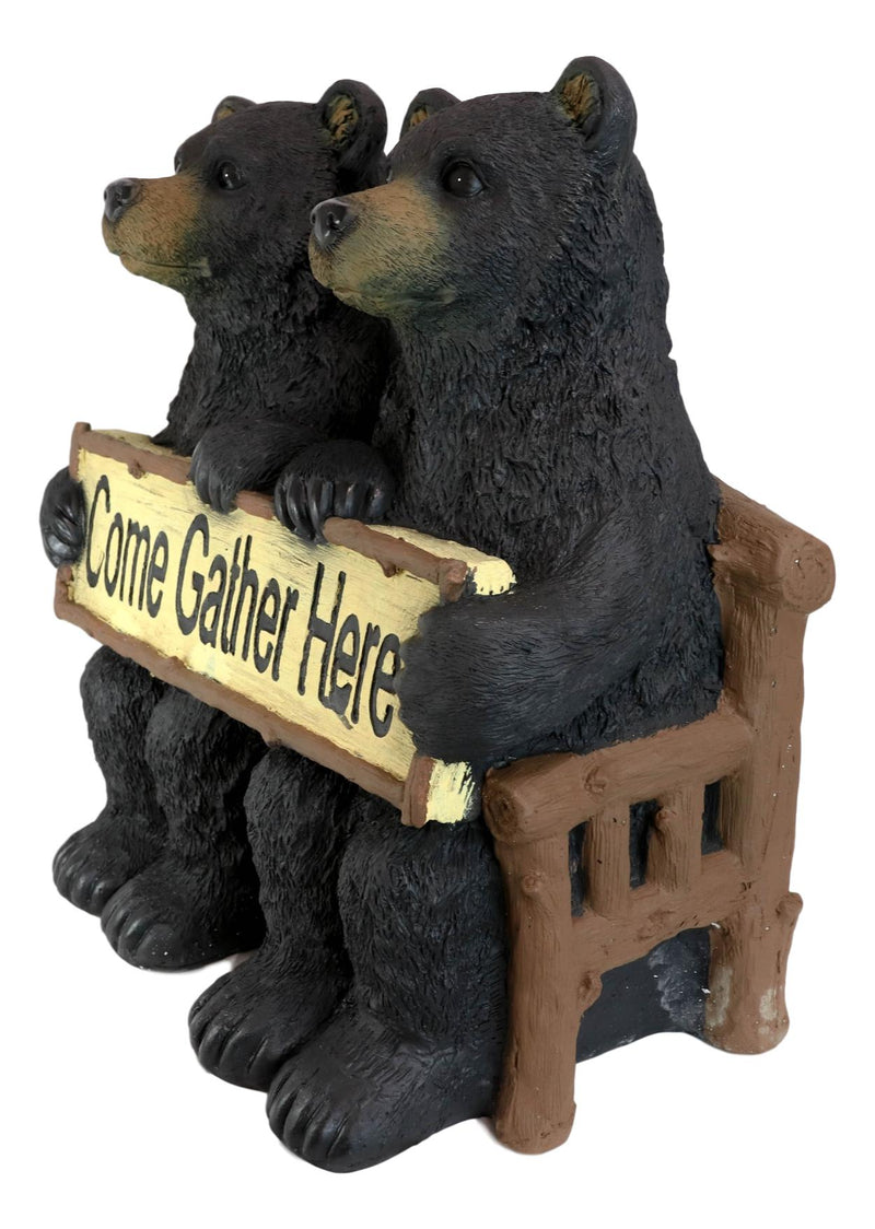 Large 21"L Rustic Forest Twin Black Bears On Park Bench Holding Sign Statue